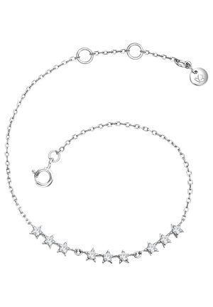 Silberne Kettenarmband mit sternförmigen Akzenten, die mit klaren Edelsteinen besetzt sind, ausgestattet mit einem Karabinerverschluss und einer verstellbaren Länge.