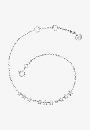 Pulsera de cadena de plata con acentos en forma de estrella, cada uno incrustado con piedras preciosas transparentes, con un cierre de langosta y longitud ajustable.