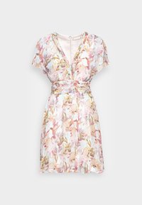 Blumenmuster Kleid aus leichtem Stoff, mit tiefem V-Ausschnitt, kurzen, schwingenden Ärmeln und tailliertem Schnitt.