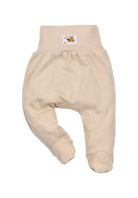 Beżowe spodnie dla niemowląt wykonane z miękkiej dzianiny bawełnianej, z elastycznym pasem i zamkniętymi stopami, z małą naszywką z logo zwierzątka z przodu.