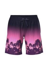Costume da bagno con un design a gradiente che va dal blu navy al rosa, con un motivo di silhouette di palme e una vita regolabile con cordoncino.
