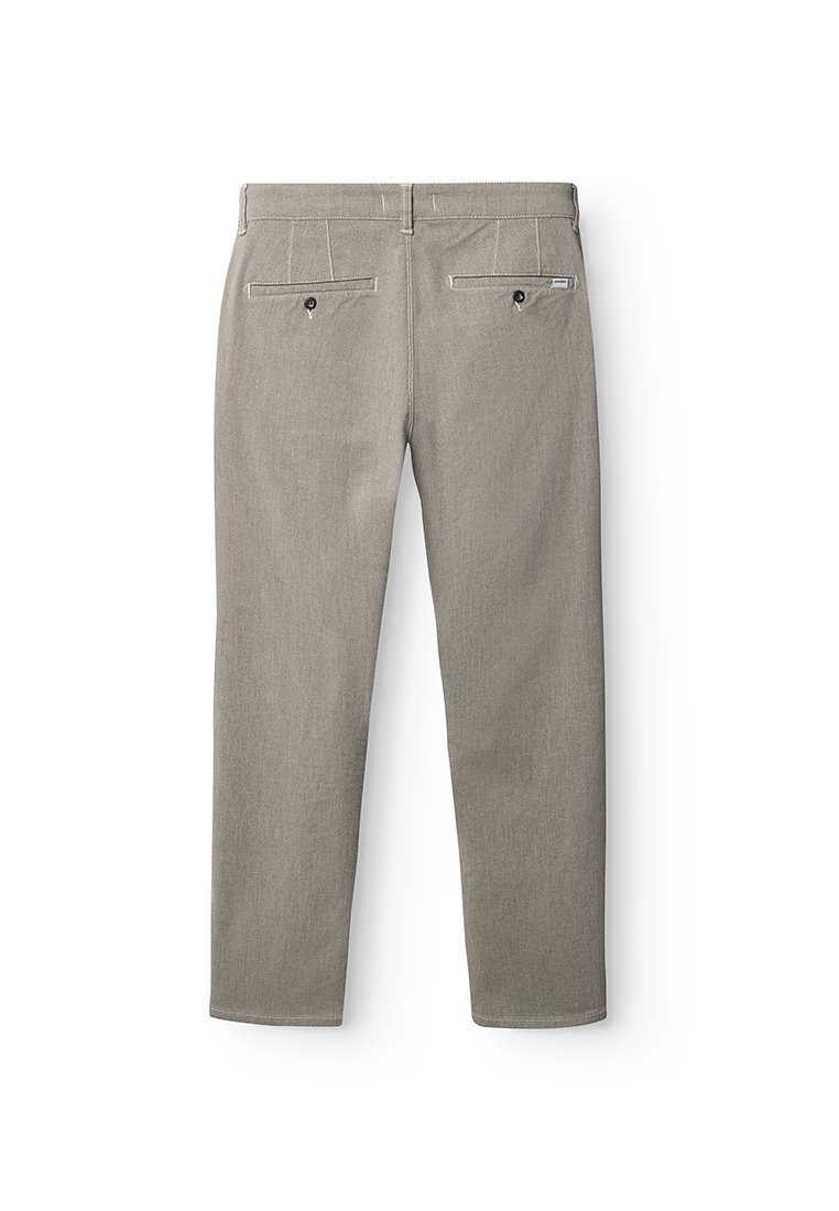 Graue, gerade geschnittene Hosen aus strukturiertem Stoff mit zwei Gesäßtaschen und Knopfverschlüssen. Sie besitzen minimale Nähte.