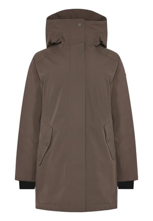 Braune, wasserdichte Parka mit Kapuze, zwei Seitentaschen und elastischen Bündchen. Glatte Textur und minimalistisches Design mit Druckknopfverschluss.