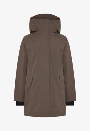 Braune, wasserdichte Parka mit Kapuze, zwei Seitentaschen und elastischen Bündchen. Glatte Textur und minimalistisches Design mit Druckknopfverschluss.
