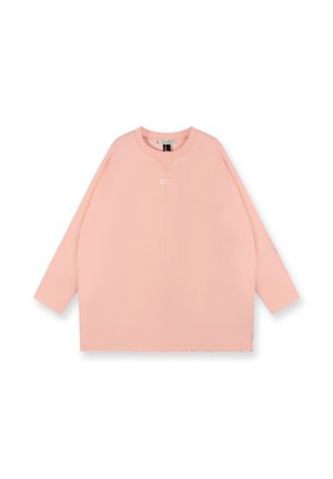 Felpa oversized rosa con maniche lunghe, scollatura rotonda e tessuto texture. Presenta un sottile logo sul petto e orlo raw.