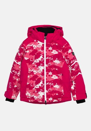 Pink gemusterte Jacke mit Spritzdesign in verschiedenen Rosa- und Weißtönen, mit Kapuze und Reißverschluss vorne.