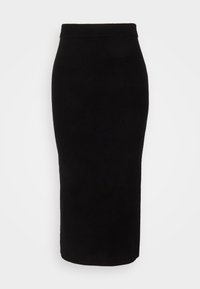 Black, knee-length pencil skirt made of soft, stretchy fabric with a ribbed waistband. Simple design, seamless silhouette, no visible fastenings.