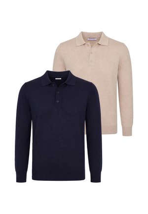 Due maglioni polo a maniche lunghe con colletto e patta con bottoni, uno blu navy e uno beige, esposti su sfondo bianco.