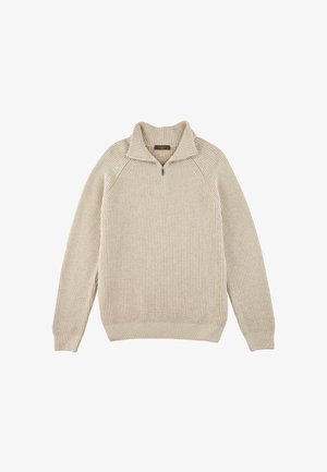 Cremfarbener Rippstrickpullover mit halbem Reißverschluss am Kragen, raglanärmel und strukturiertem Finish. Weicher Stoff und lockere Passform.