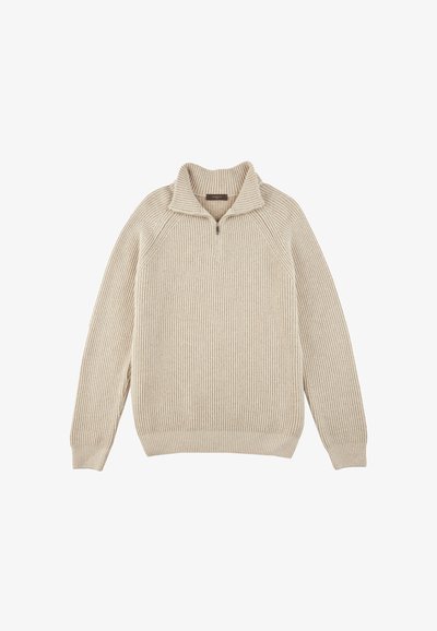 Maglione a coste crema con colletto a metà zip, caratterizzato da maniche raglan e una finitura texturizzata. Tessuto morbido e vestibilità rilassata.