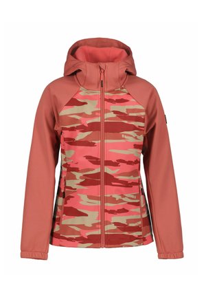 Hættetrøje med koralfarvede ærmer og camouflage mønster i nuancer af koral, beige og rød, med lynlås foran og sidelommer.