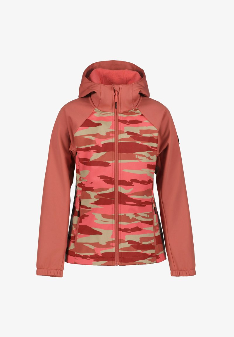 Kapuzensweatjacke mit korallenfarbenen Ärmeln und Tarnmuster in Koralle, Beige und Rot, mit Frontreißverschluss und Seitentaschen.