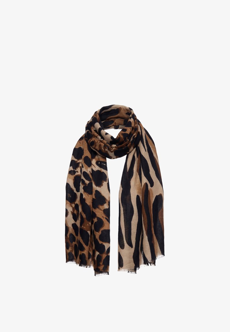 Écharpe légère avec motifs imprimés animaux mélangés dans des tons marron, noir et beige, nouée lâchement au centre.