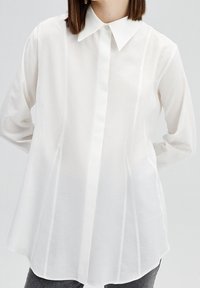 Witte blouse met lange mouwen en een puntige kraag, voorzien van verticale naden en een losse pasvorm. Gemaakt van lichtgewicht stof, heeft het een gladde textuur.