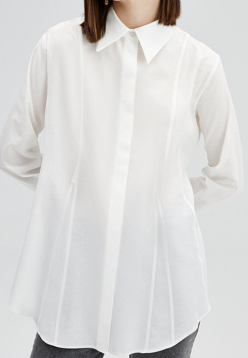 Witte blouse met lange mouwen en een puntige kraag, voorzien van verticale naden en een losse pasvorm. Gemaakt van lichtgewicht stof, heeft het een gladde textuur.