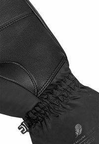 Schwarze Winterhandschuhe mit einem Obermaterial aus Leder und strukturierter Oberfläche, elastischem, gerafftem Bündchen und "Premium Down"-Logodetail.