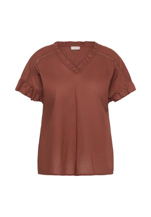 Bluza maro-ruginie cu mâneci scurte, decolteu în V, volănașe la gât și mâneci, și detalii din dantelă de-a lungul cusăturilor pe umeri.