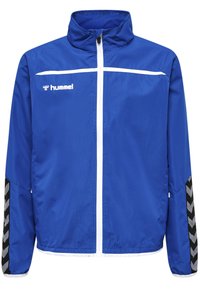 Blå atletisk jacka i lätt material, med dragkedja framtill, hög krage, vita detaljer och svarta samt gråa kedjeformer på ärmarna.