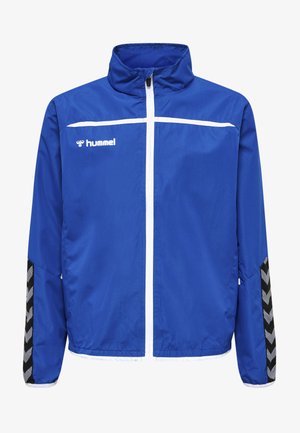 Blaue sportliche Jacke aus leichtem Stoff, mit Reißverschluss vorne, hohem Kragen, weißen Akzenten und schwarz-grauen Chevronstreifen an den Ärmeln.