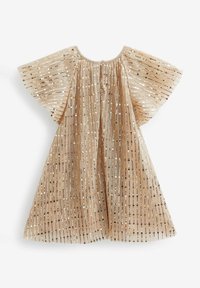 Robe beige avec manches évasées, présentant des plis verticaux et un motif texturé de sequins. Se ferme à l'arrière avec deux boutons.