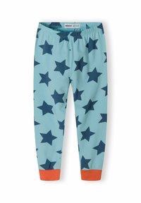Pantalons de pyjama bleus avec un motif d'étoiles en bleu marine foncé. Taille élastique et poignets orange aux chevilles. Tissu en coton doux.