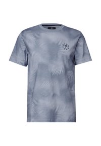 Triko s krátkým rukávem a kulatým výstřihem v světle modré barvě se jemným vzorem vln a malým černým logem "High Tide" na hrudi. Měkká textura materiálu.