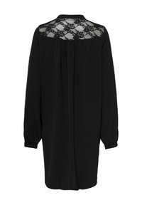 Robe noire à manches longues avec un empiècement en dentelle sur le haut du dos et des poignets froncés, vue de dos.