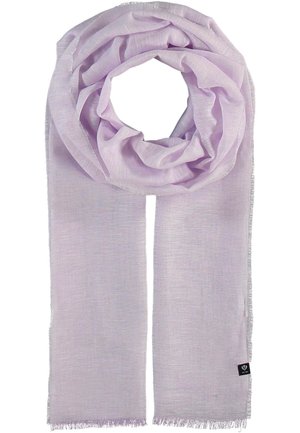 Écharpe légère violette en tissu doux, présentant une texture fine et des bords frangés. Conçue dans un style en boucle.