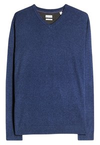 Mörkblå stickad tröja med lång ärm och V-ringning. Slät textur med ribbat fåll och muddar, minimal märkning inuti.