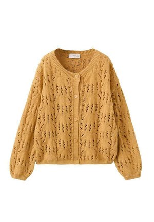 Horčicovo žltý pletený sveter na gombíky s textúrovaným otvoreným vzorom, vybavený dlhými rukávmi a okrúhlym výstrihom.