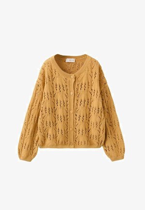 Horčicovo žltý pletený sveter na gombíky s textúrovaným otvoreným vzorom, vybavený dlhými rukávmi a okrúhlym výstrihom.