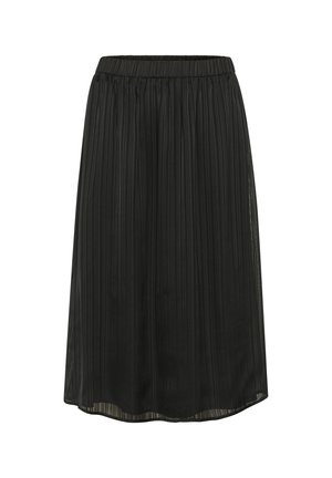Zwarte geplooide rok met een elastische tailleband. Gemaakt van een lichtgewicht stof, met een knie-lange snit en een verticale streepmotief.