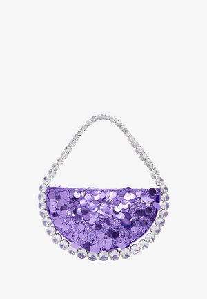 Sac à main en sequins violets de forme semi-circulaire, orné d'une poignée en perles transparentes et de sequins circulaires brillants sur la surface.
