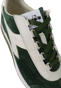 Sneaker verde in camoscio con dettagli in pelle bianca, dotato di lacci verdi e occhielli metallici. Etichetta del marchio visibile sulla linguetta. Forma arrotondata.