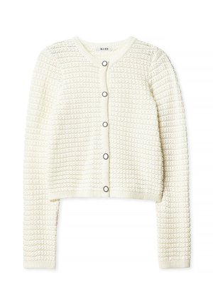Witte gebreide cardigan met een getextureerd patroon, ronde halslijn en een sluiting met knopen aan de voorkant met ronde accenten; cropped stijl.