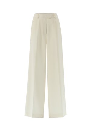 Wide-leg trousers in a soft cream fabric, featuring a high waist, pleated front, and clean, tailored lines. Smooth texture and no visible patterns.