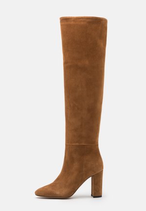 Botte haute en daim marron pour femme avec un bout pointu et un talon haut bloc, montrée de profil sur un fond uni.