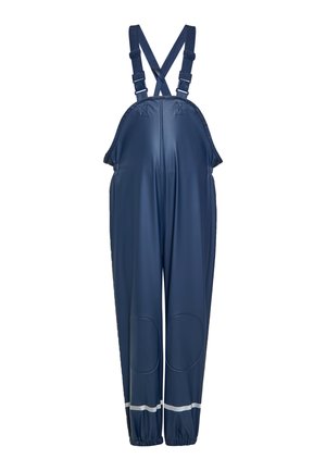 Marineblå vandtætte overalls med justerbare stropper, forstærkede knælapper og reflekterende striber ved anklerne. Glat tekstur.