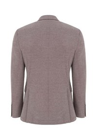 Brązowy żakiet z fakturowanym splotem, z pojedynczym rozcięciem z tyłu i klapami. Posiada dwie boczne kieszenie i mankiety zapinane na guziki. Slim fit.