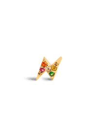 Gold-tone pin shaped like an "M," featuring colorful gemstones in orange, pink, yellow, green, and clear, with decorative cutouts.