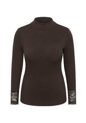Top à col roulé marron côtelé à manches longues avec des accents en dentelle noire aux poignets. Le tissu semble doux avec une finition texturée.