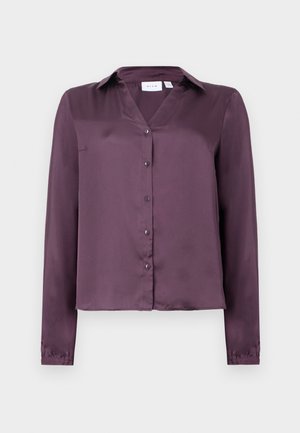 Purple satin long-sleeve blouse with collar and button-down front, slightly cropped hem.