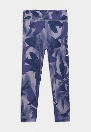 Lilla leggings med høj talje med et mørkeblåt abstrakt bladmønster og små prikdetaljer spredt over stoffet.