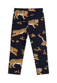 Leggings navy con una stampa tigre a tutto campo in arancione e bianco, arricchiti da fogliame verde, realizzati in cotone elasticizzato.