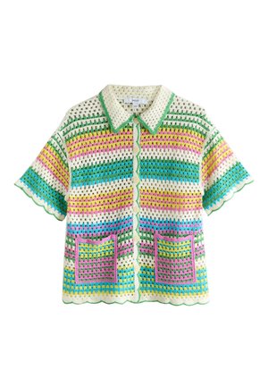 Cardigan all'uncinetto a maniche corte con righe gialle, verdi, blu e rosa, bordi smerlati, chiusura con bottoni sul davanti, collo e due tasche frontali.