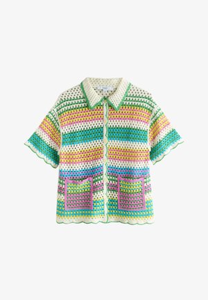 Cardigan all'uncinetto a maniche corte con righe gialle, verdi, blu e rosa, bordi smerlati, chiusura con bottoni sul davanti, collo e due tasche frontali.