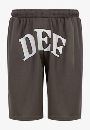 Szürke hálós rövidnadrág elasztikus derékrésszel, elöl nagy fehér "DEF" felirattal. Simább textúrájú, laza szabású, térd alá érő dizájn.