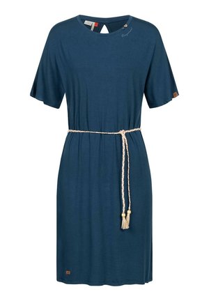 Kurzärmeliges marineblaues Kleid mit rundem Ausschnitt und beigefarbenem geflochtenem Gürtel, der an der Taille mit Quasten gebunden ist.