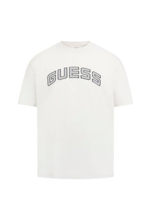 Hvid bomulds T-shirt med et stort "GUESS" logo i sort broderi hen over brystet. Kortærmet og med rund halsudskæring.