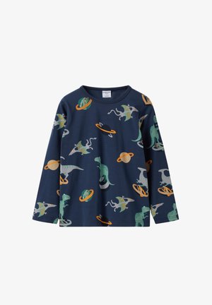Marineblauwe kinderblouse met lange mouwen, versierd met kleurrijke illustraties van dinosaurussen en planeten die over de stof verspreid zijn.